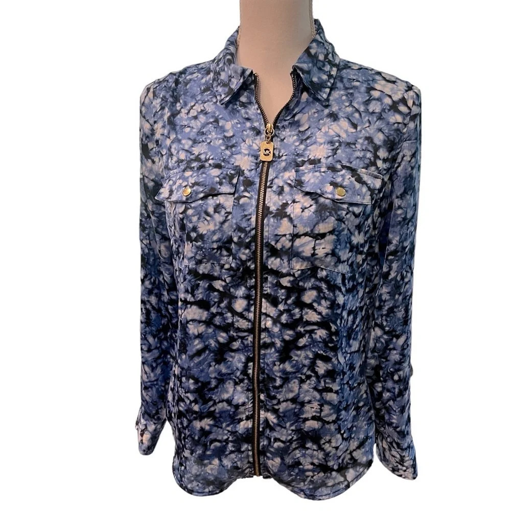 Michael Kors Zip Front Blue & White Tie Dye Roll Tab Sleeve Blouse Size‎ Small